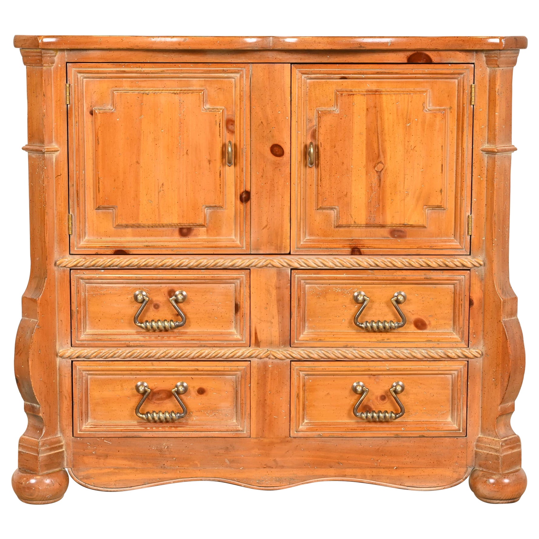 Henredon Spanish Baroque Carved Solid Pine Bar Cabinet or Chest of Drawers For Sale