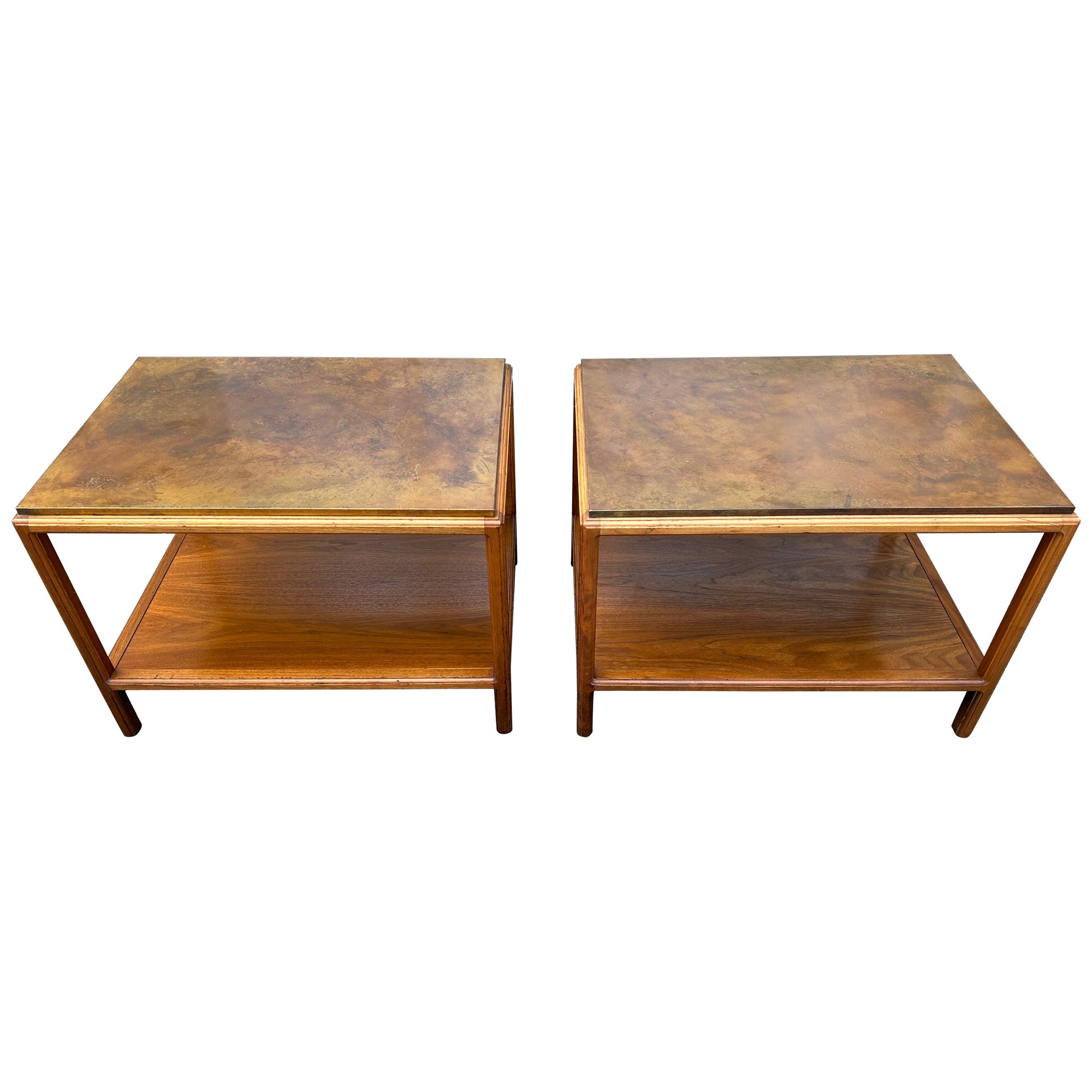 Sensational Pair Copper Top John Stuart Walnut End Table Mid-Century Modern For Sale