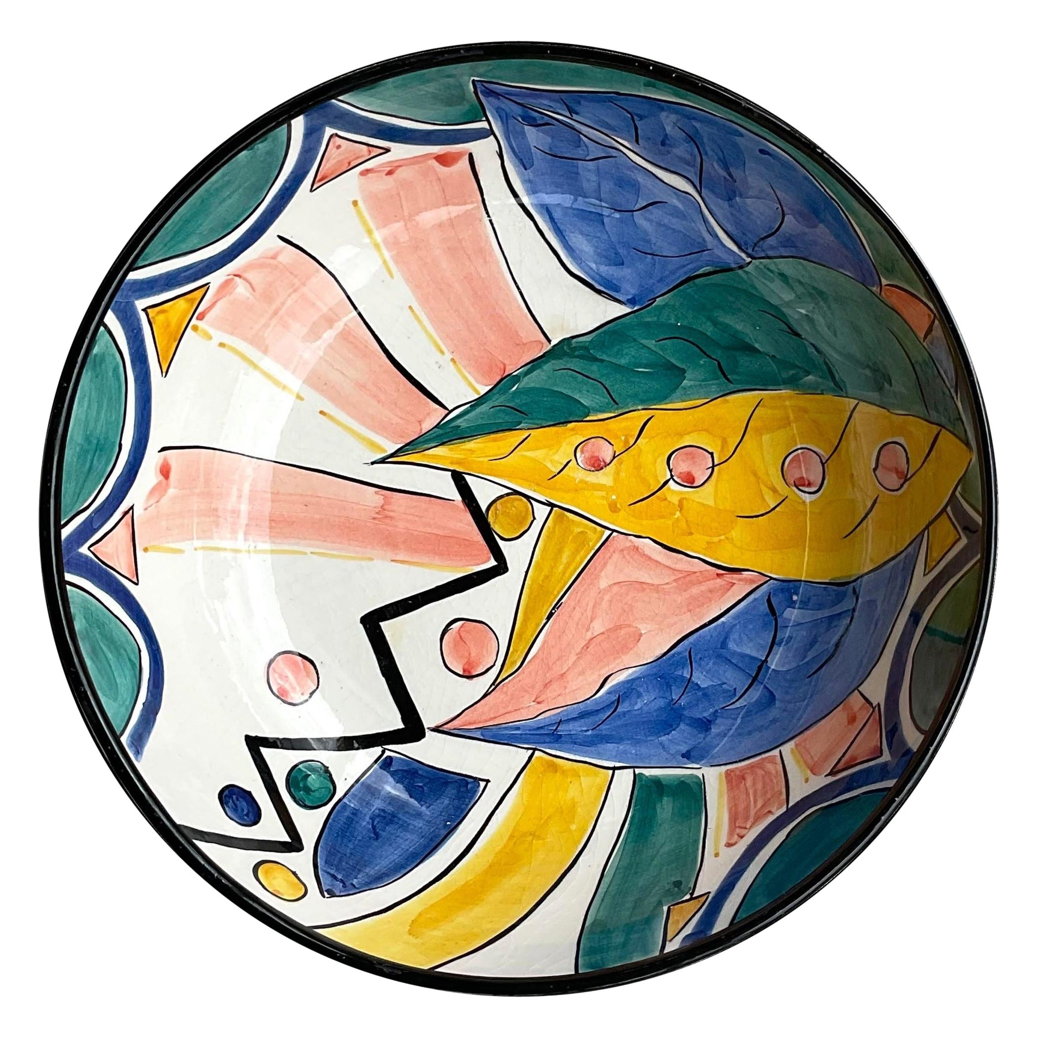 Vintage Boho Pereiras Portugal Glazed Ceramic Hand Painted Bowl For Sale