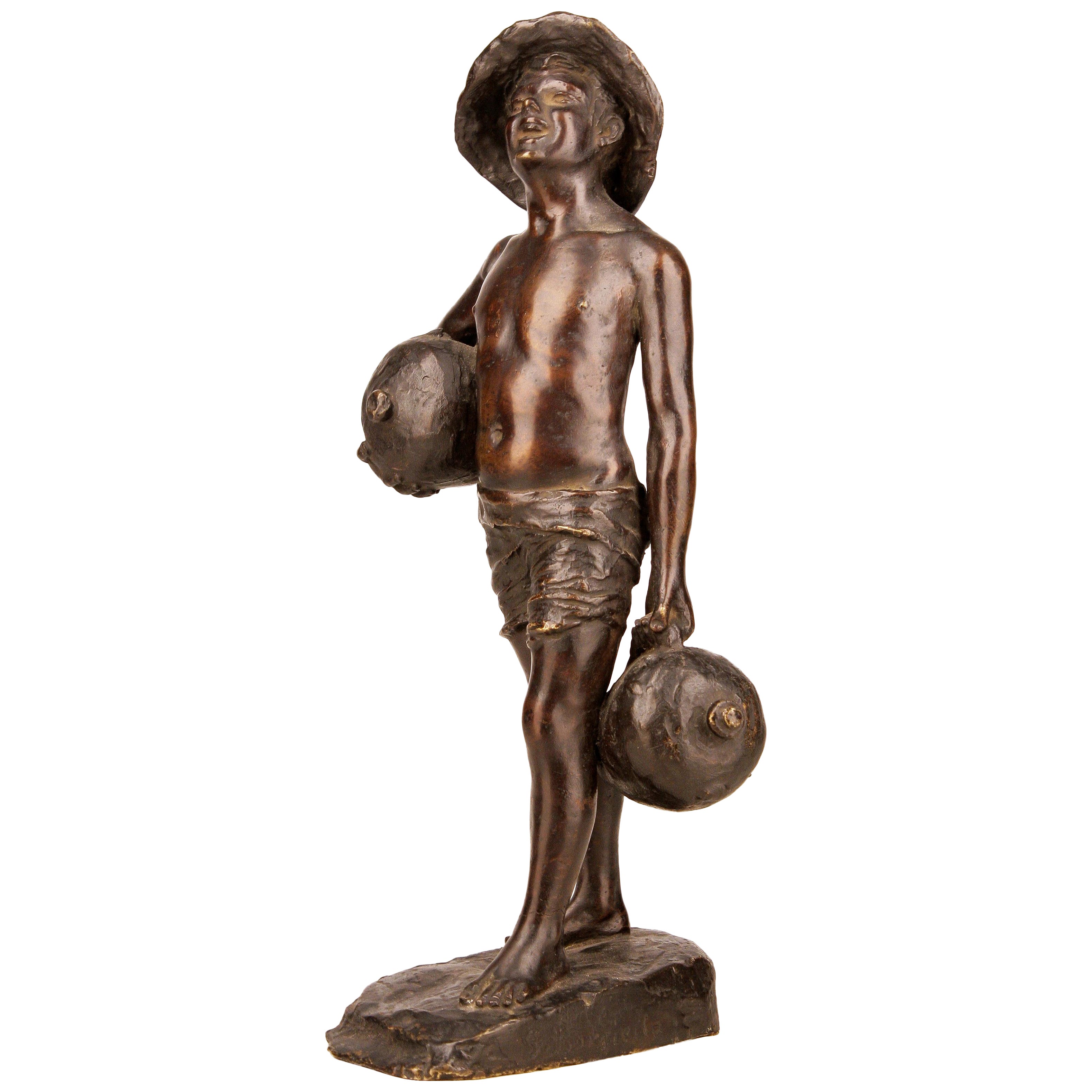 Patinated Bronze Sculpture of Boy Holding Jugs Signed by Italian G. Borriello For Sale