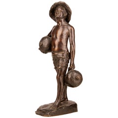 Antique Patinated Bronze Sculpture of Boy Holding Jugs Signed by Italian G. Borriello