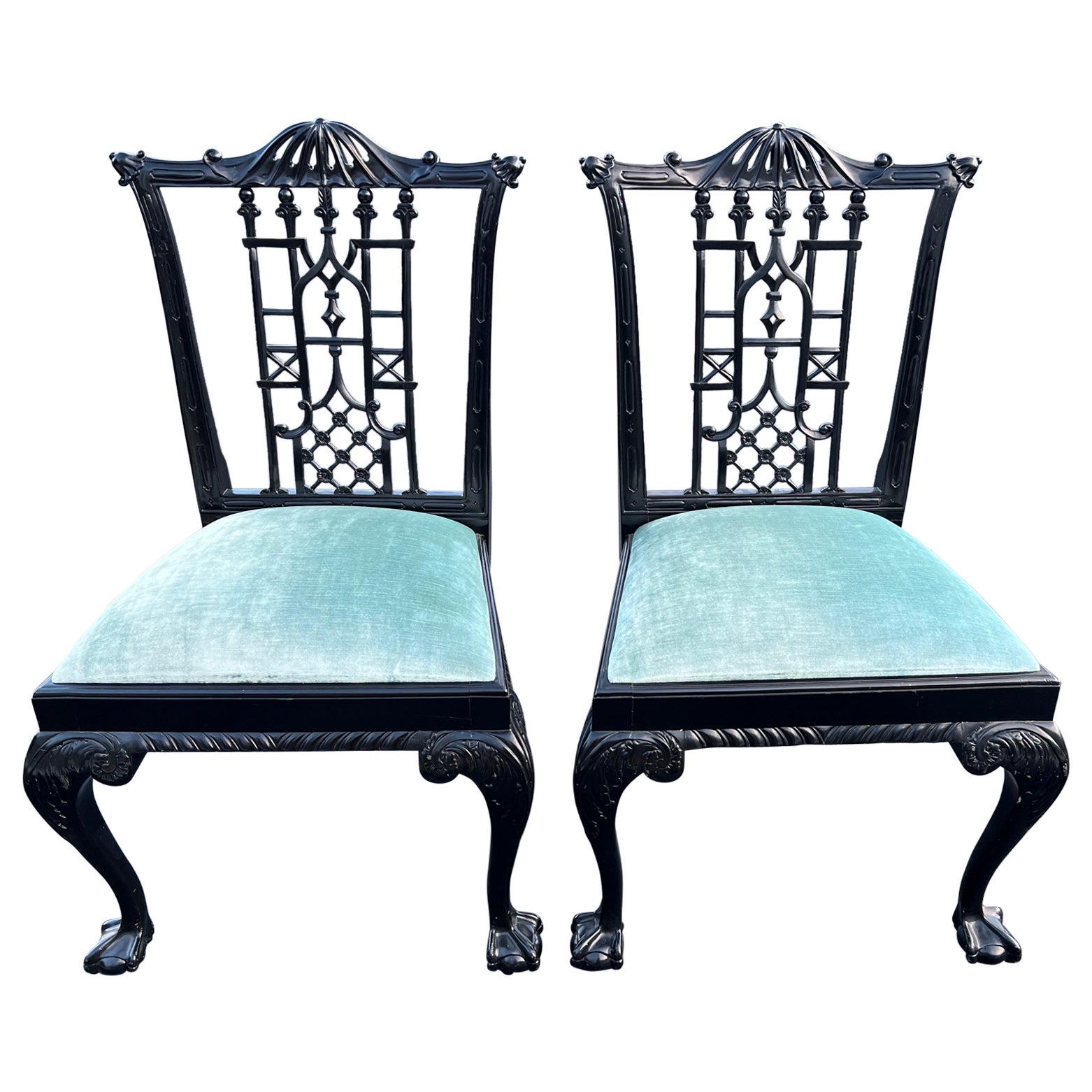 Pair of Black Lacquered Chinoiserie Chairs  For Sale