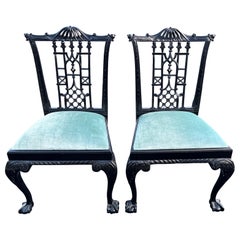 Used Pair of Black Lacquered Chinoiserie Chairs 