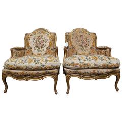 Pair of French Louis XV Style Giltwood Bergeres