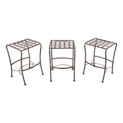 Vintage Set of Three Neoclassical Style Aluminum Lattice Seat Barstools