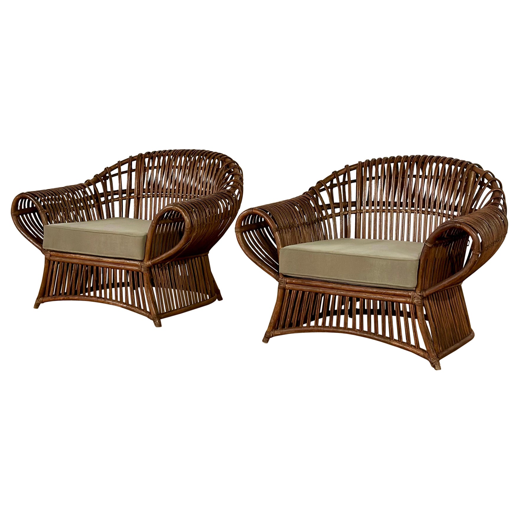 1970s Dark Rattan Bamboo Sculptural Lounge Chairs - a Pair 