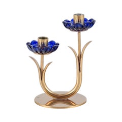 Vintage Gunnar Ander for Ystad Metall/ Candlestick holder in brass and blue art glass.