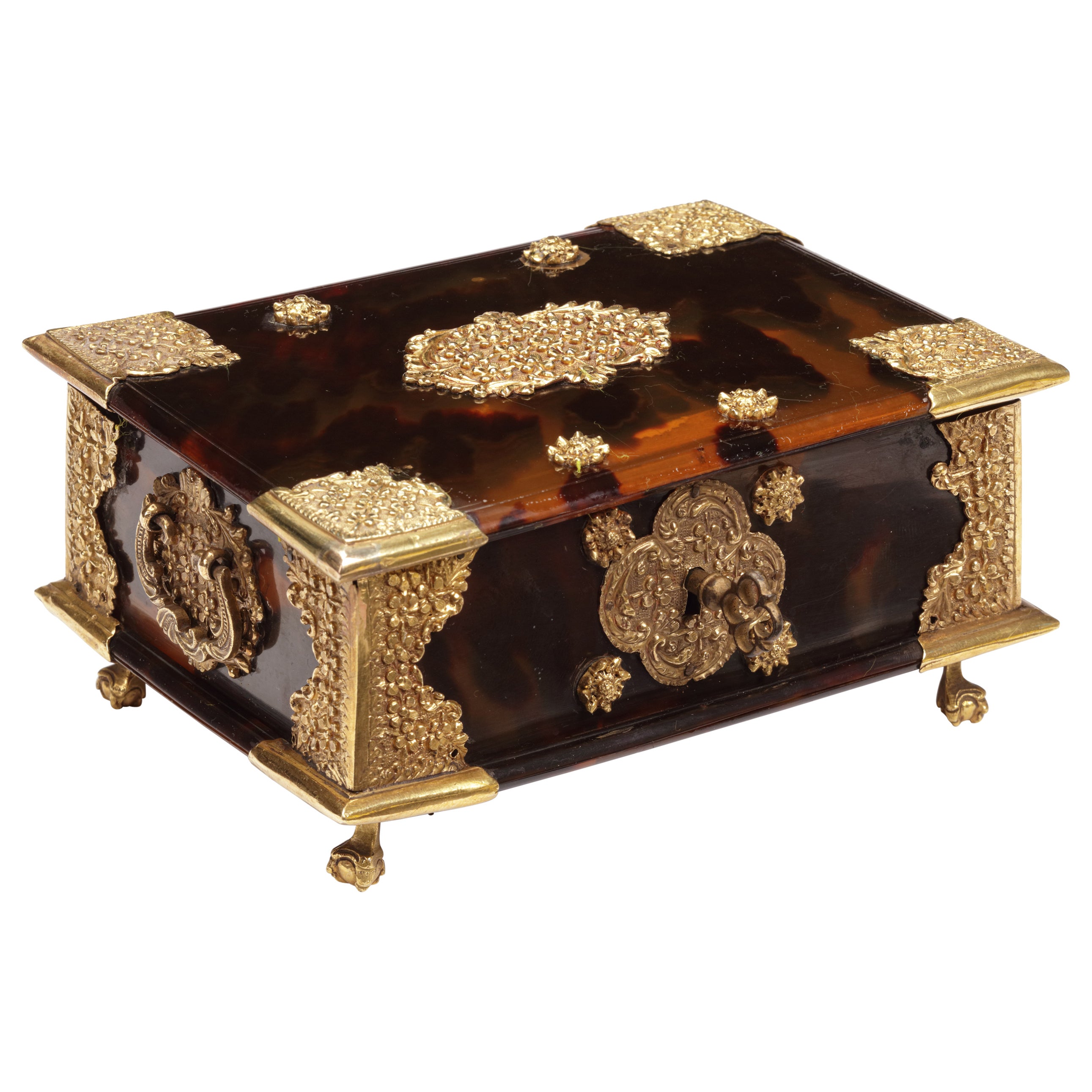 A small Dutch colonial Indonesian tortoiseshell betel box with gold mounts For Sale