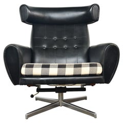 1960s Ox Style Wingback Swivel Lounge In Black Vinyl