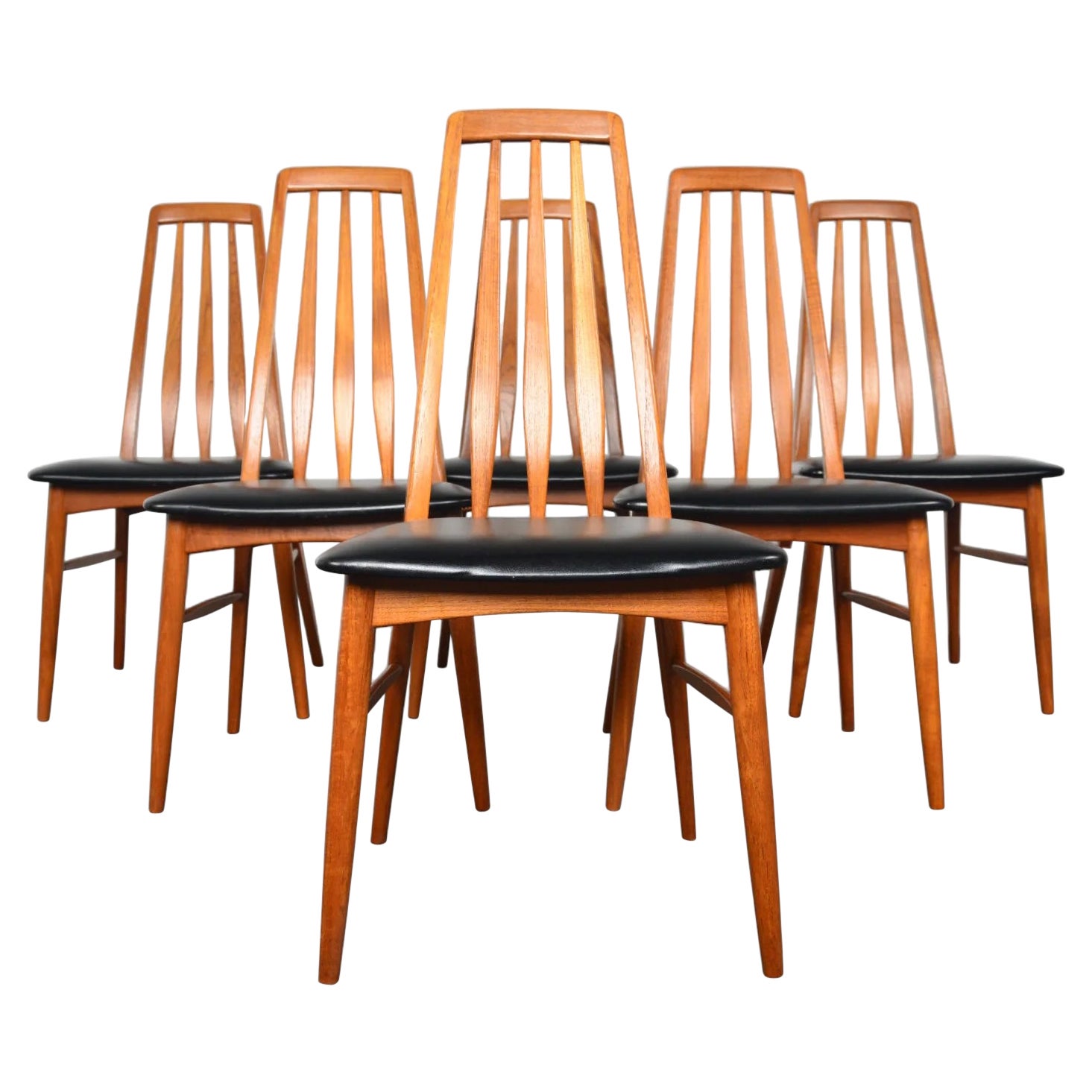 Ensemble de six chaises de salle à manger Eva à dossier haut en teck de Neils Kofod en vente