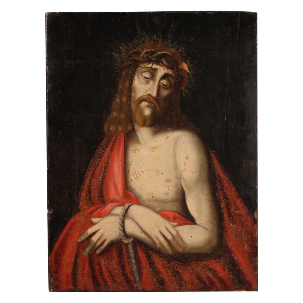 18th Century Oil on Panel Spanish Antique Religious Painting Ecce Homo, 1750 For Sale