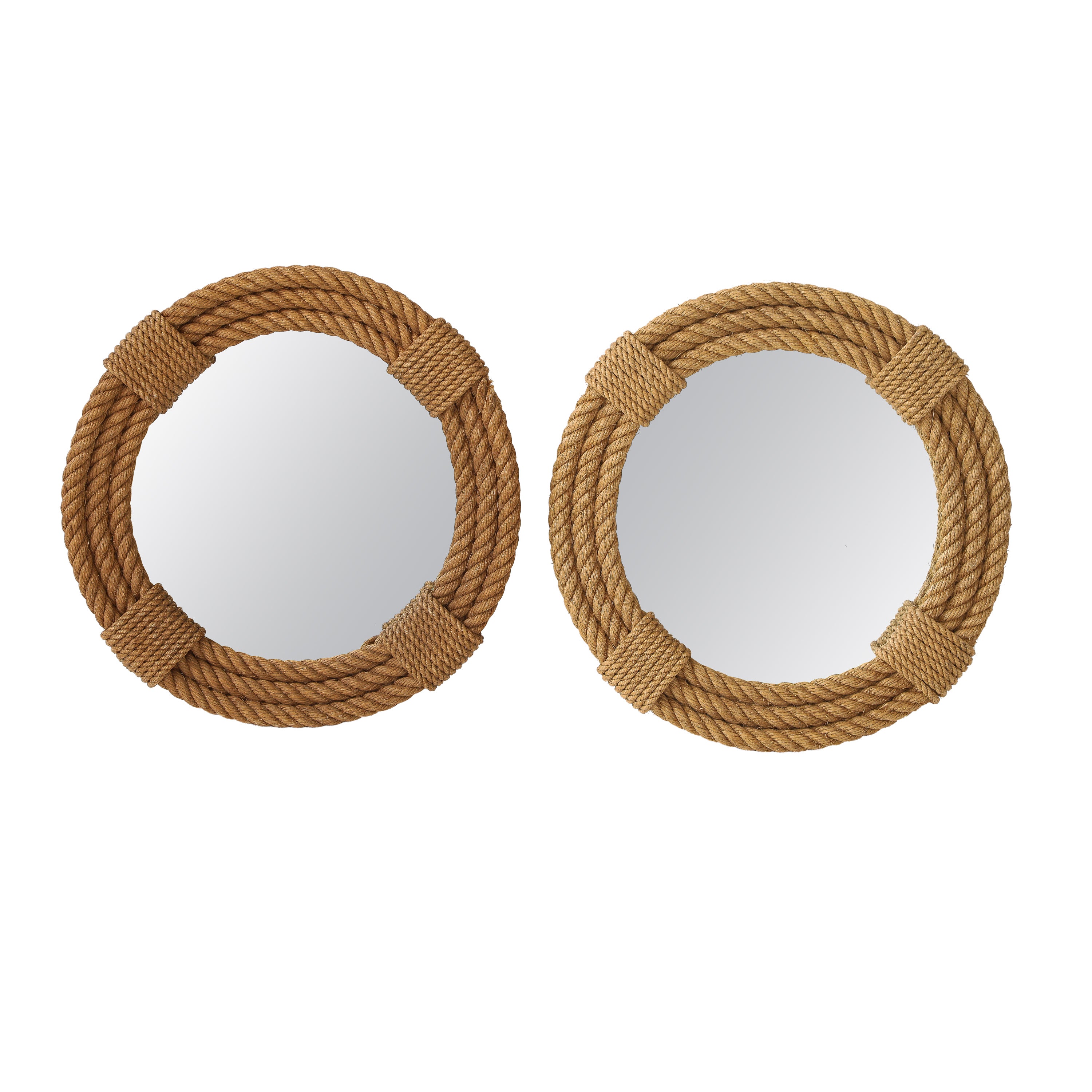 Faux Pair of Audoux Minnet Round Wall Rope Mirrors - France 1960's