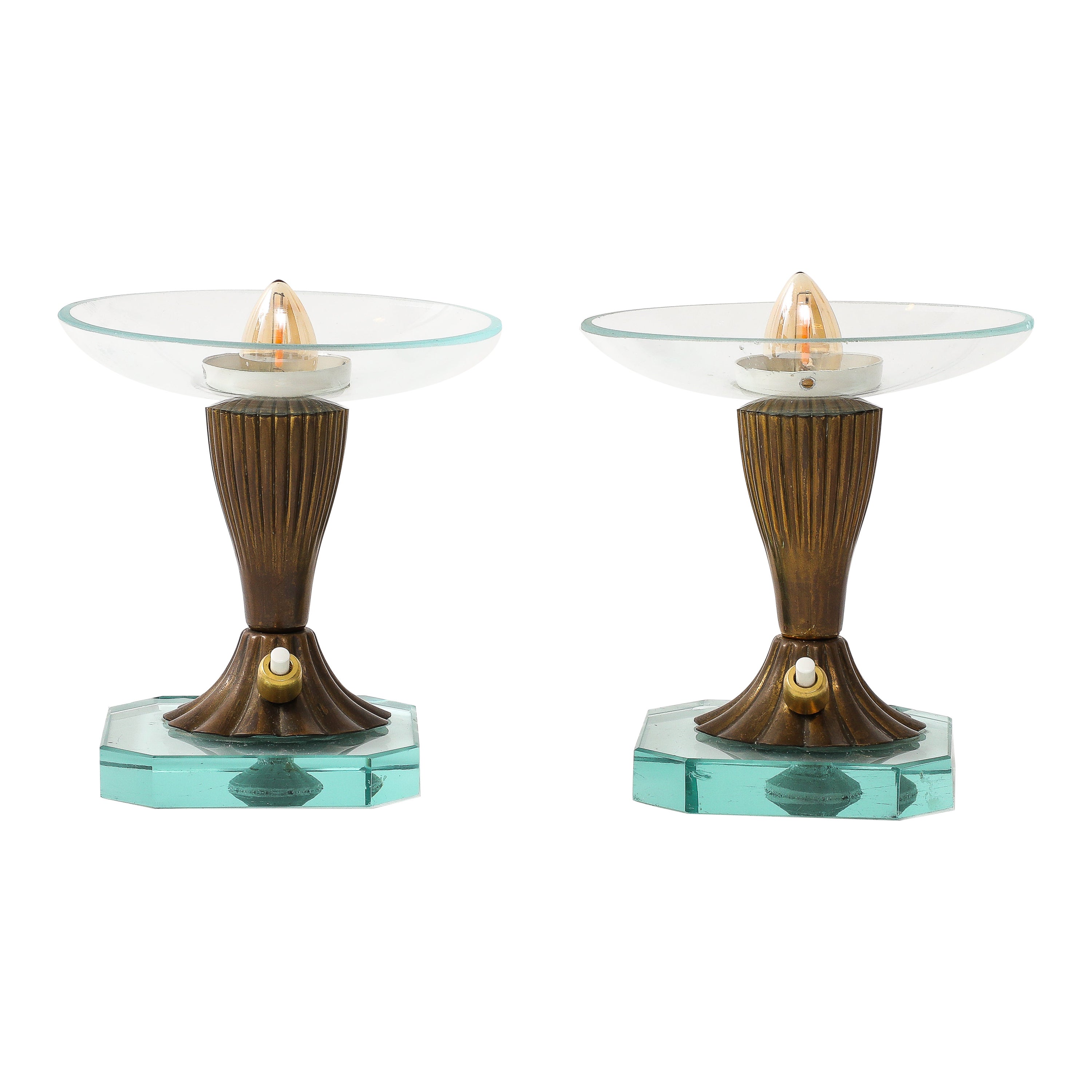 Pair of Glass & Brass Petite Table Lamps att. Pietro Chiesa - Italy 1940's For Sale
