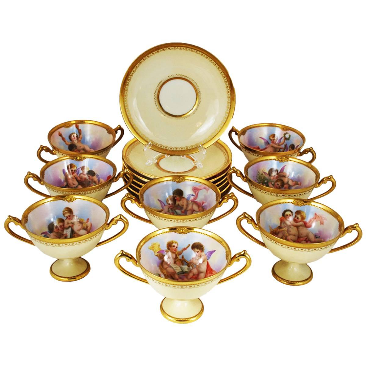 Set of Eight Dresden Ambrosius Lamm Hand-Painted Soup Cups, circa 1915