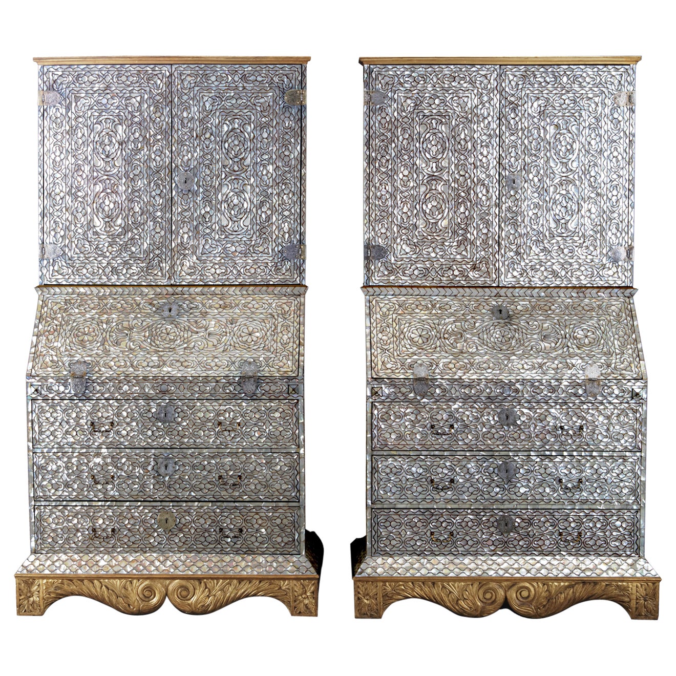 A pair of Spanish-colonial Viceregal mother-of-pearl inlaid bureau-cabinets For Sale