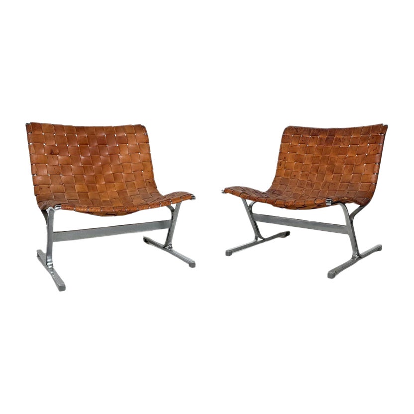 Mid-Century Pair of Lounge Chairs by Ross Littell for ICF, Cognac Leather, Italy For Sale
