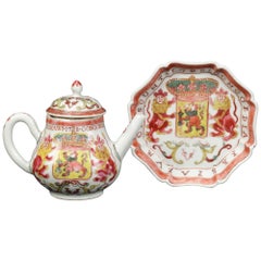 A superb Chinese export famille rose porcelain VOC teapot and pattipan saucer