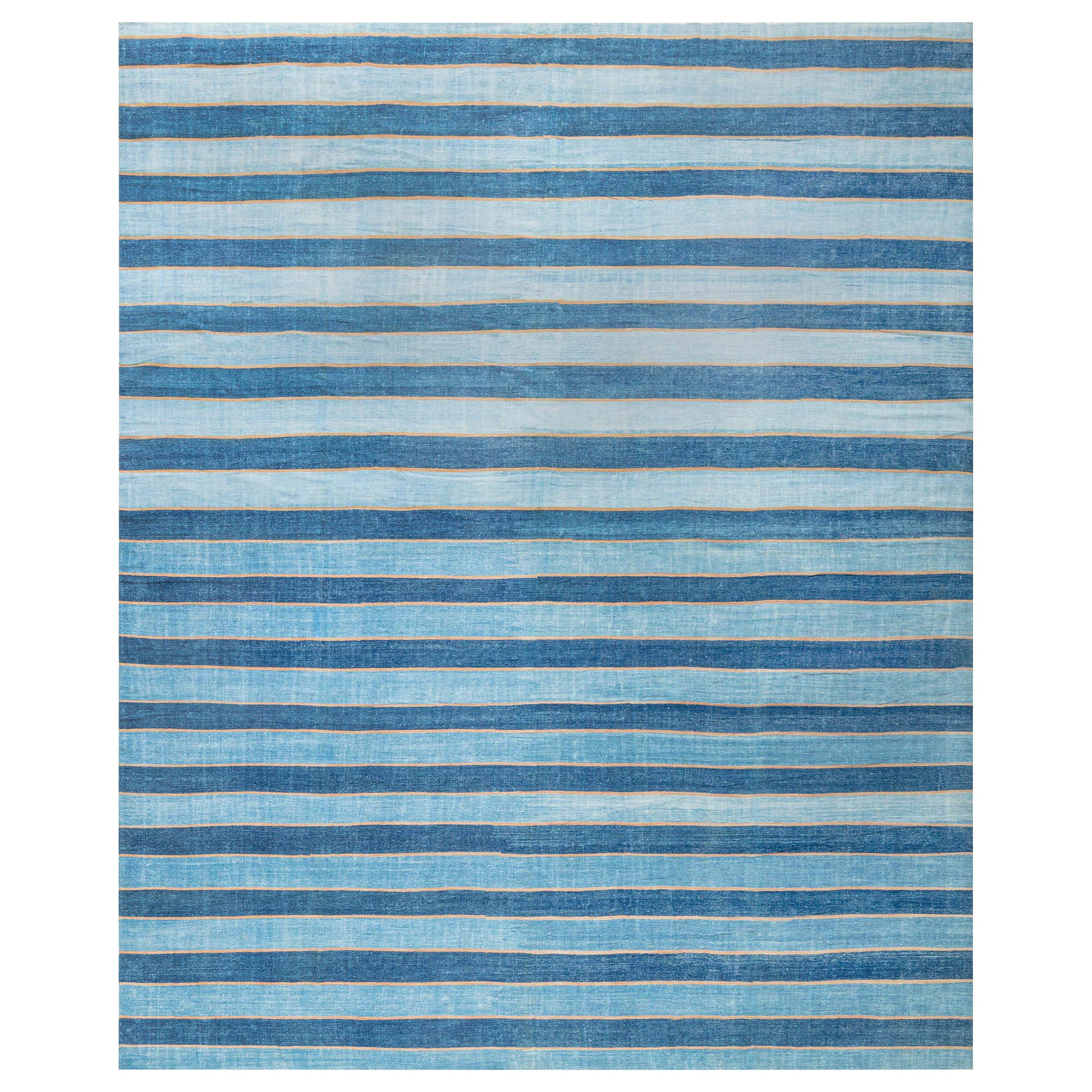 Vintage Indian Dhurrie Striped Blue Rug For Sale