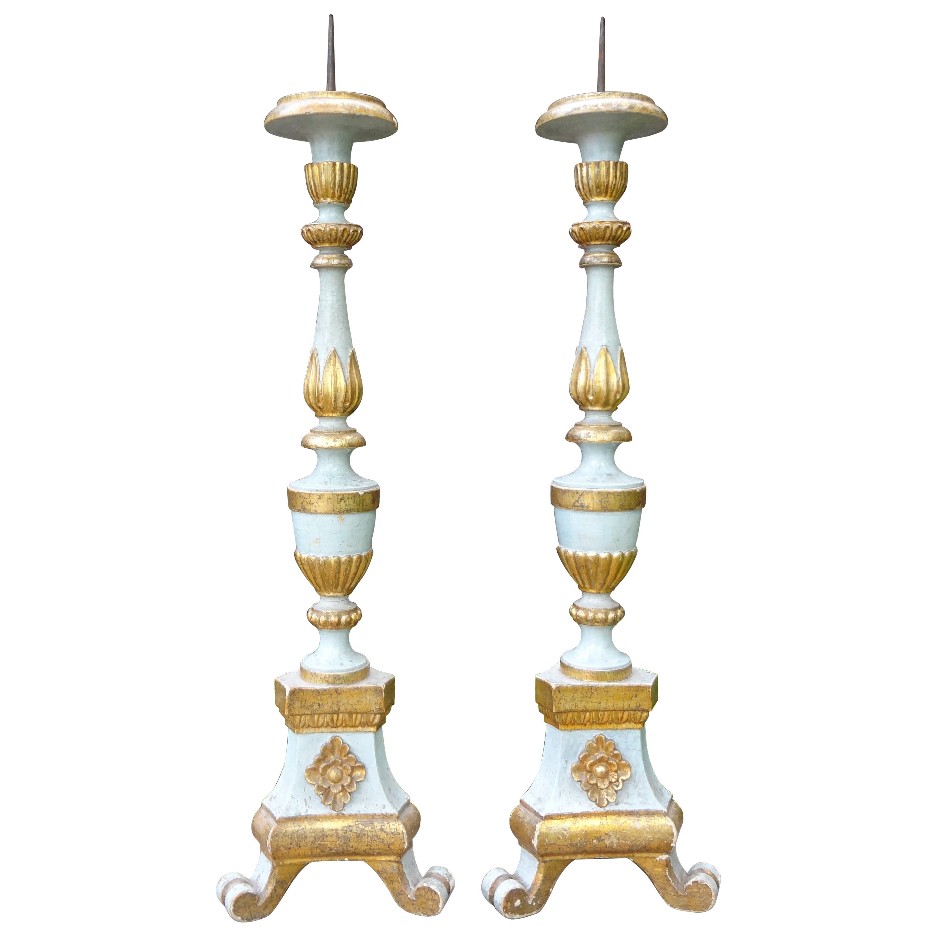Pair of 19th Century Italian Painted And Gilt Altar Sticks or Prickets For Sale