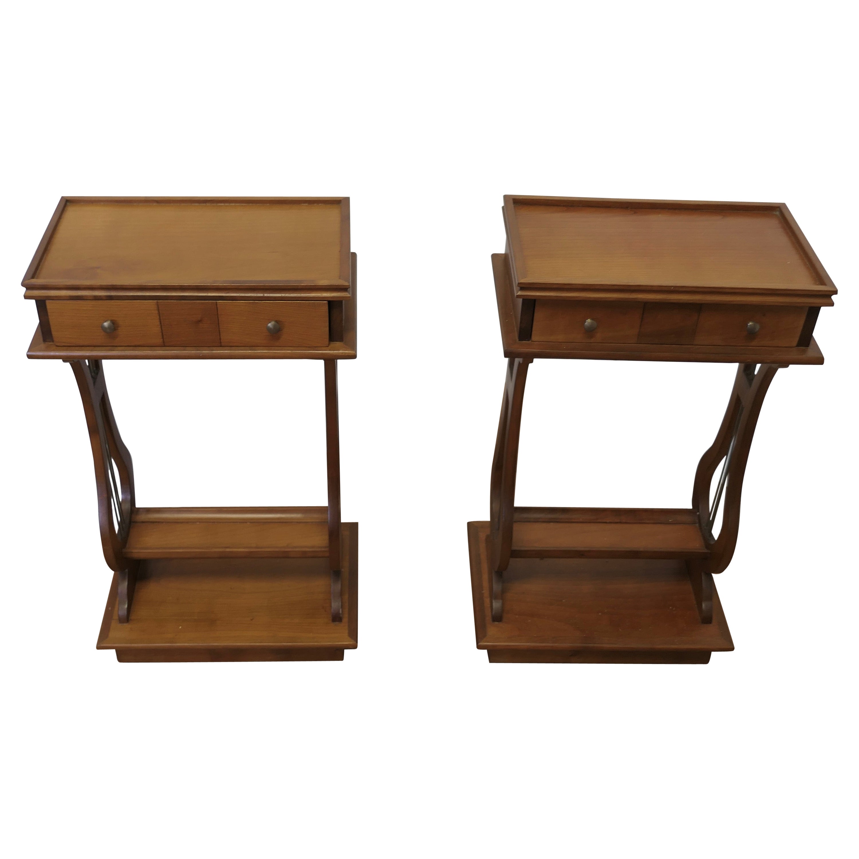An Unusual Pair of Lyre Ended Cherrywood Lamp or Side Tables    For Sale