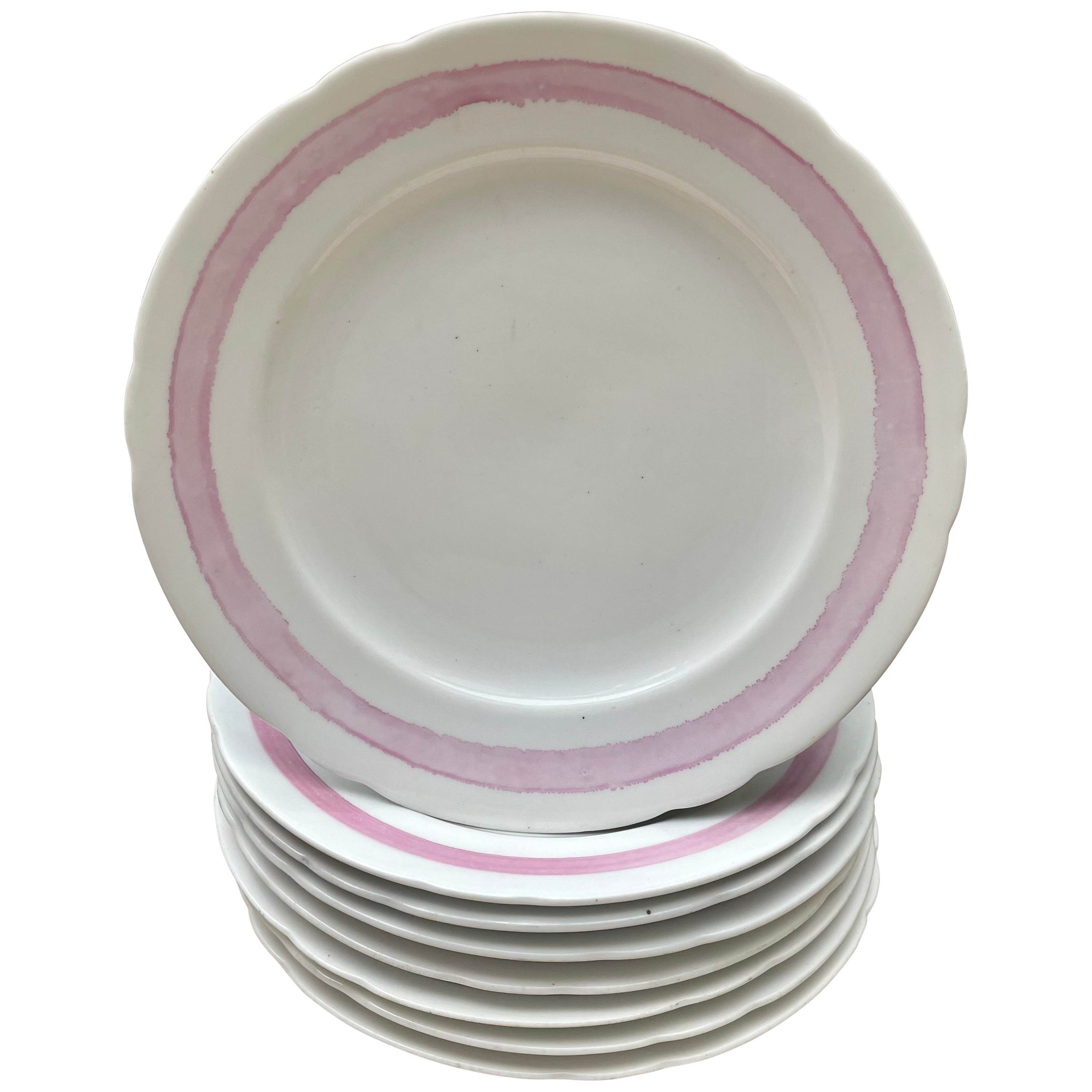 Set of Eight White and Pink Banded Plates For Sale