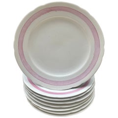 Used Set of Eight White and Pink Banded Plates