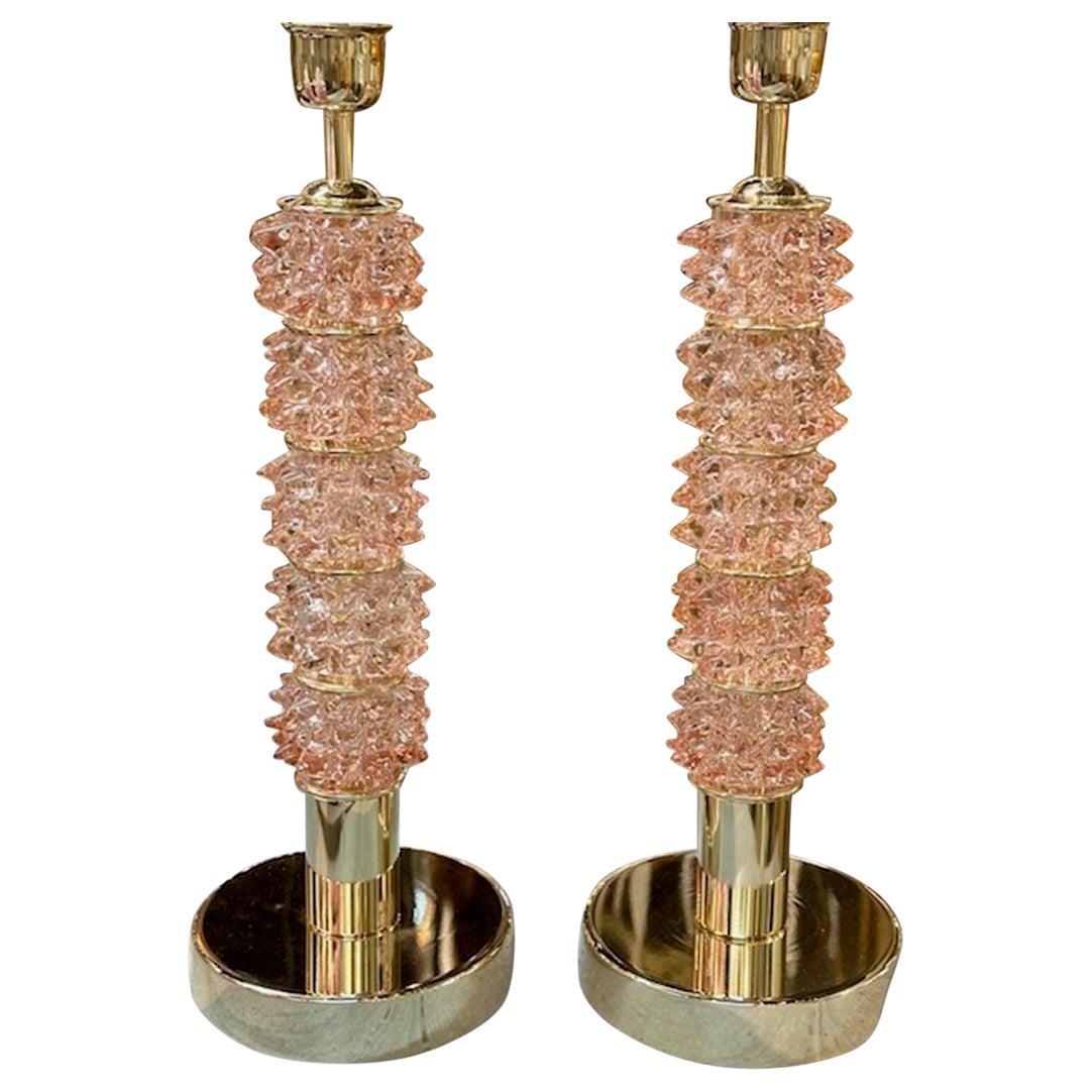 Pair of Modern Pink Glass and Brass "Rosti" Lamps For Sale