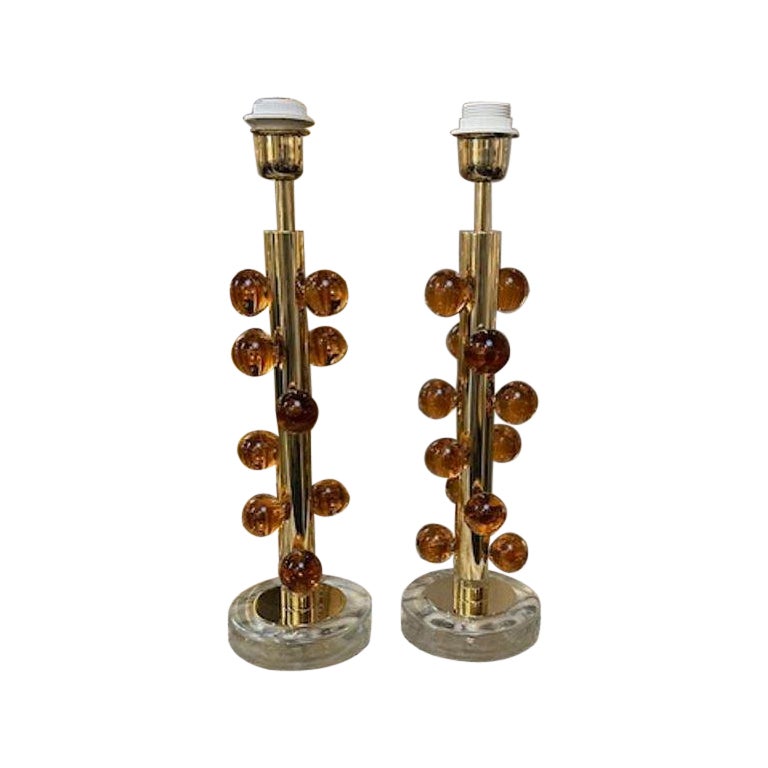 Pair of Modern Murano Peach Ball Form Lamps For Sale