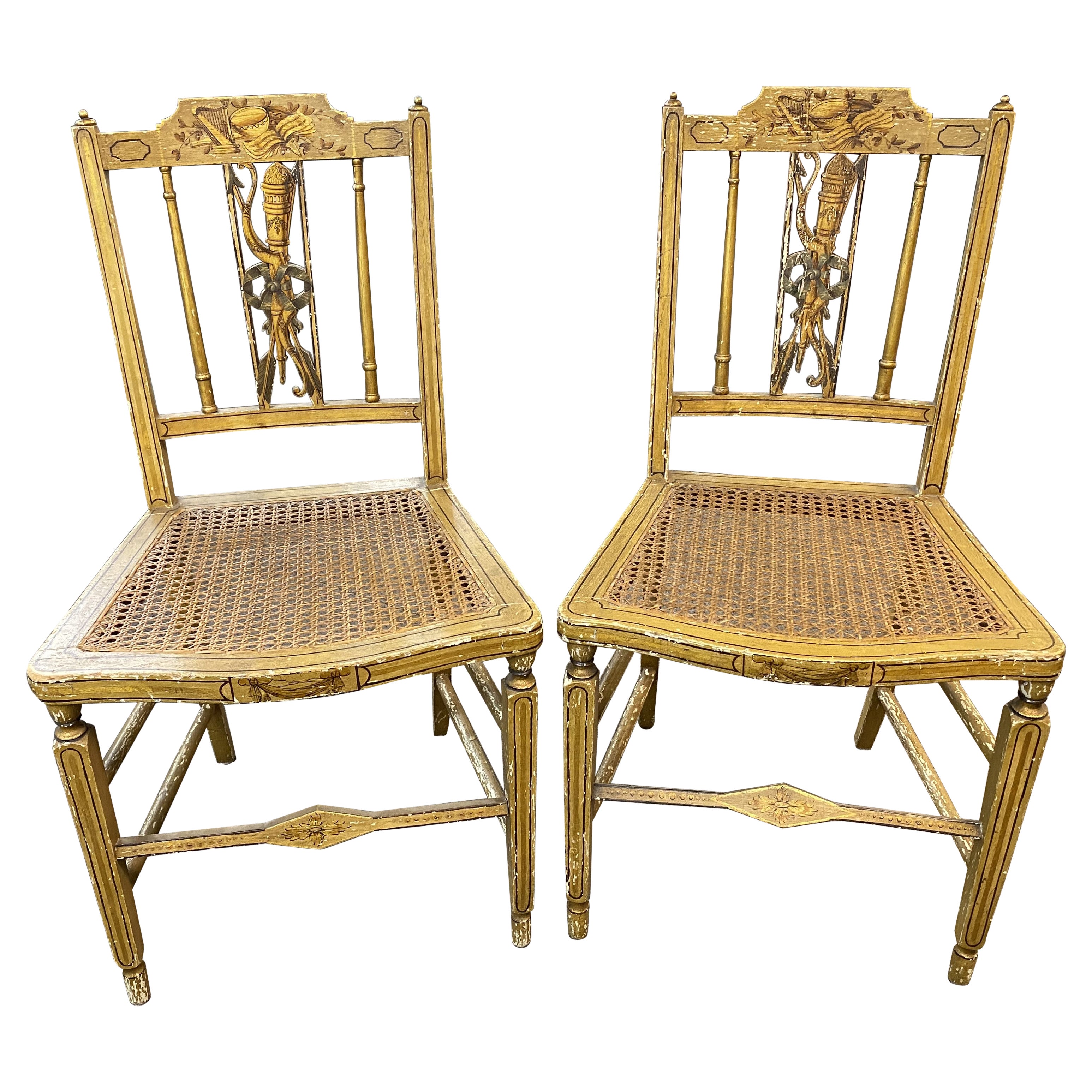 Pair of Lewis Barnes Hand Painted Cane Seat Fancy Chairs, Portsmouth NH c 1820