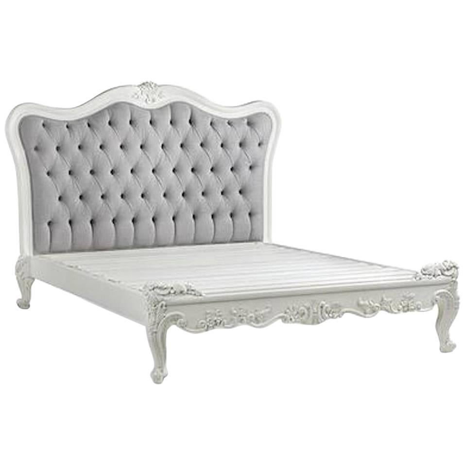 French Bed White Upholstered Grey Velvet Cottage Country Chic Farmhouse Style For Sale
