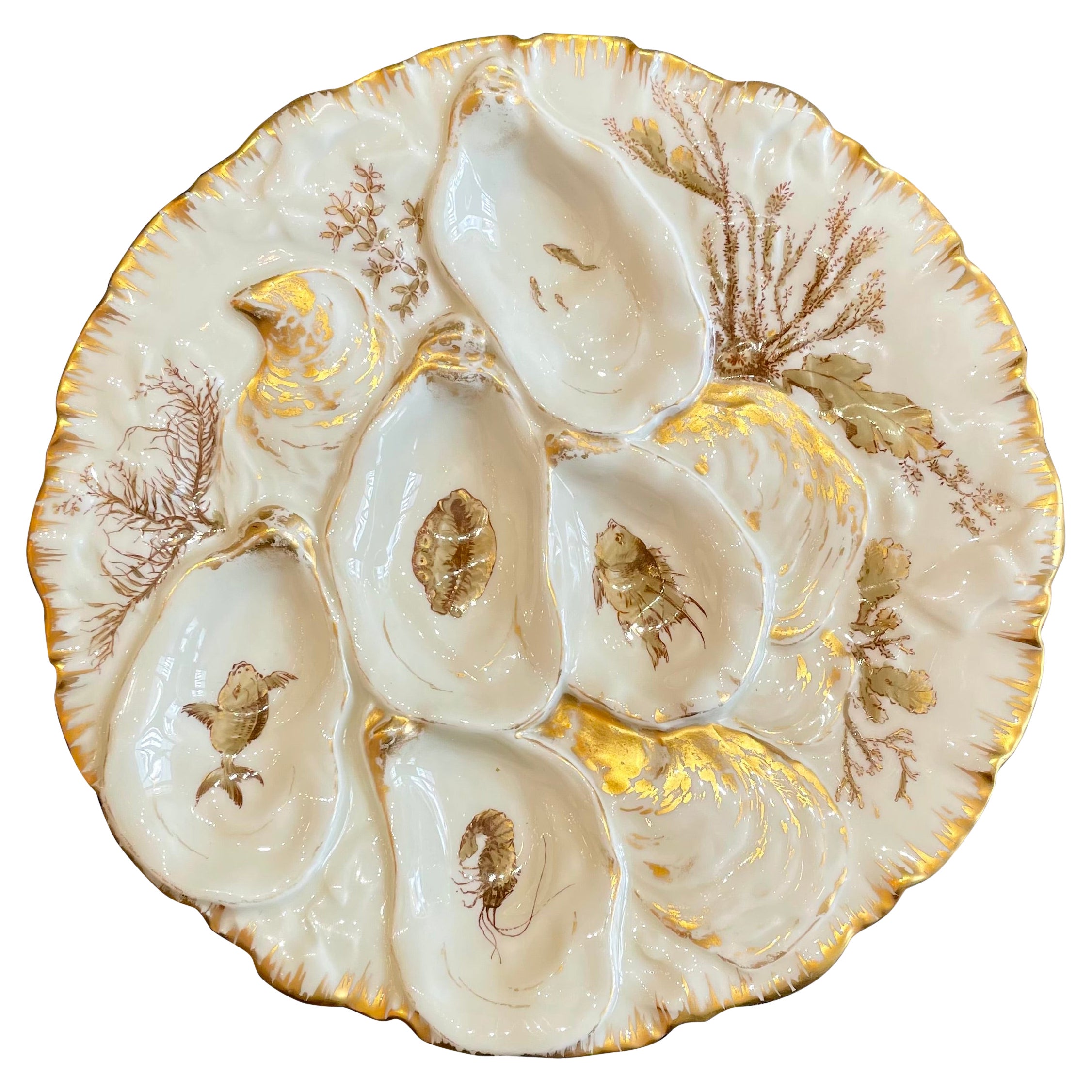 Antique French Limoges Porcelain Painted Sea-Life Turkey Pattern Oyster Plate.