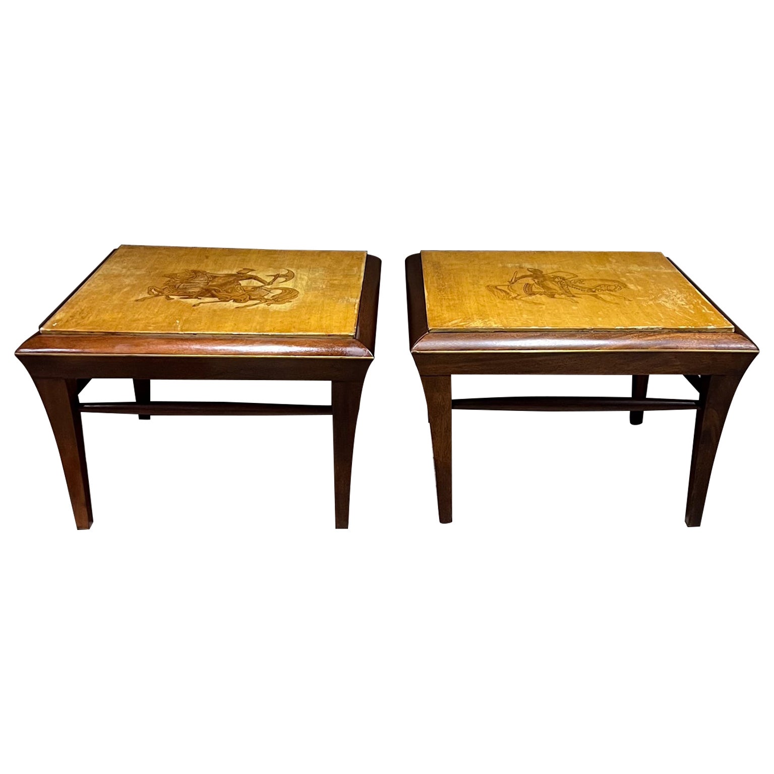 1960s Neoclassical Hand Painted Side Tables Mahogany Goatskin For Sale