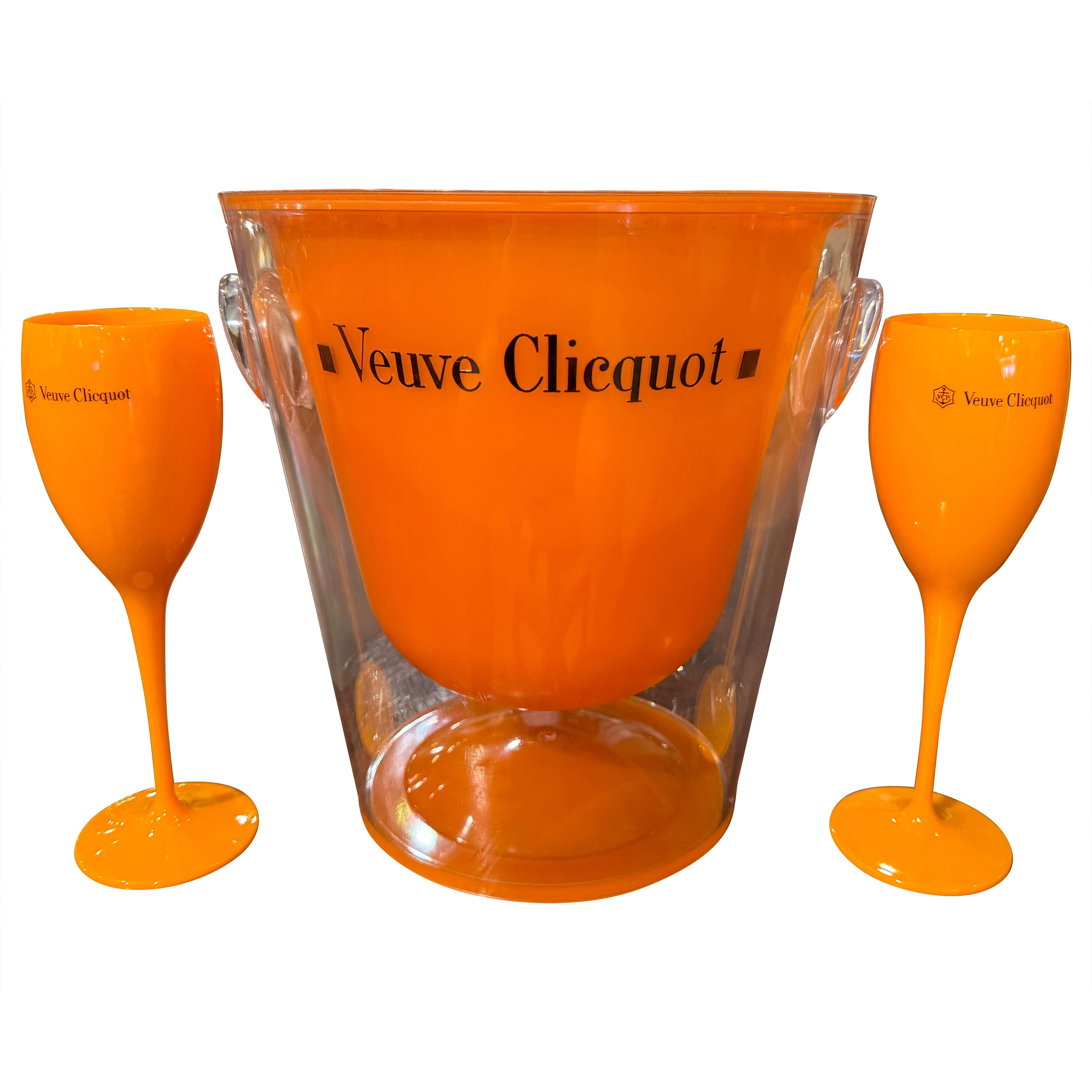 Vintage French Acrylic "Veuve Clicquot" Champagne Cooler Bucket and Two Flutes For Sale