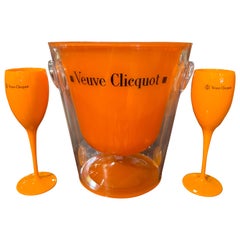 Used French Acrylic "Veuve Clicquot" Champagne Cooler Bucket and Two Flutes