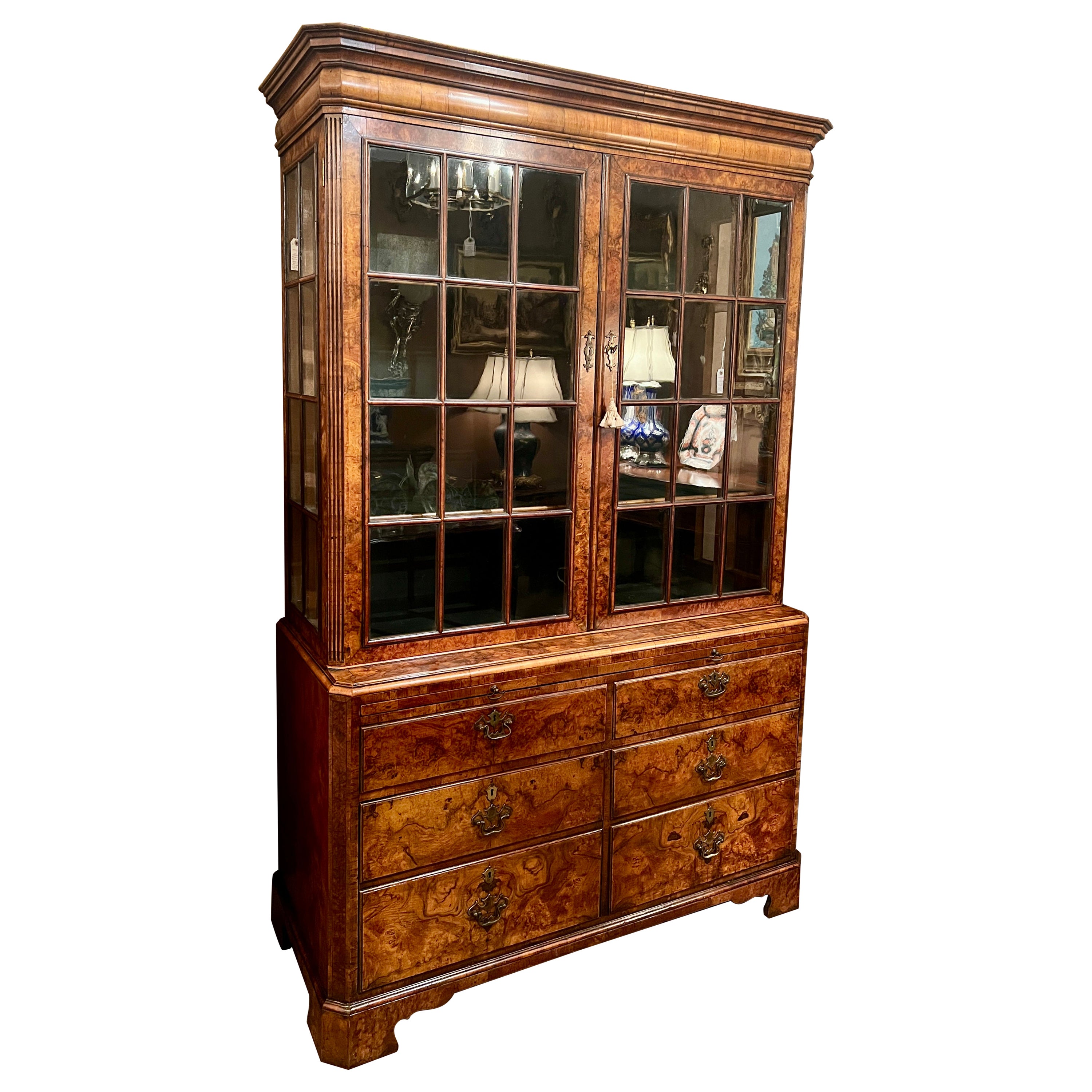 Antique English Burled Walnut Glass Front Cabinet with Writing Slide, Circa 1880 For Sale