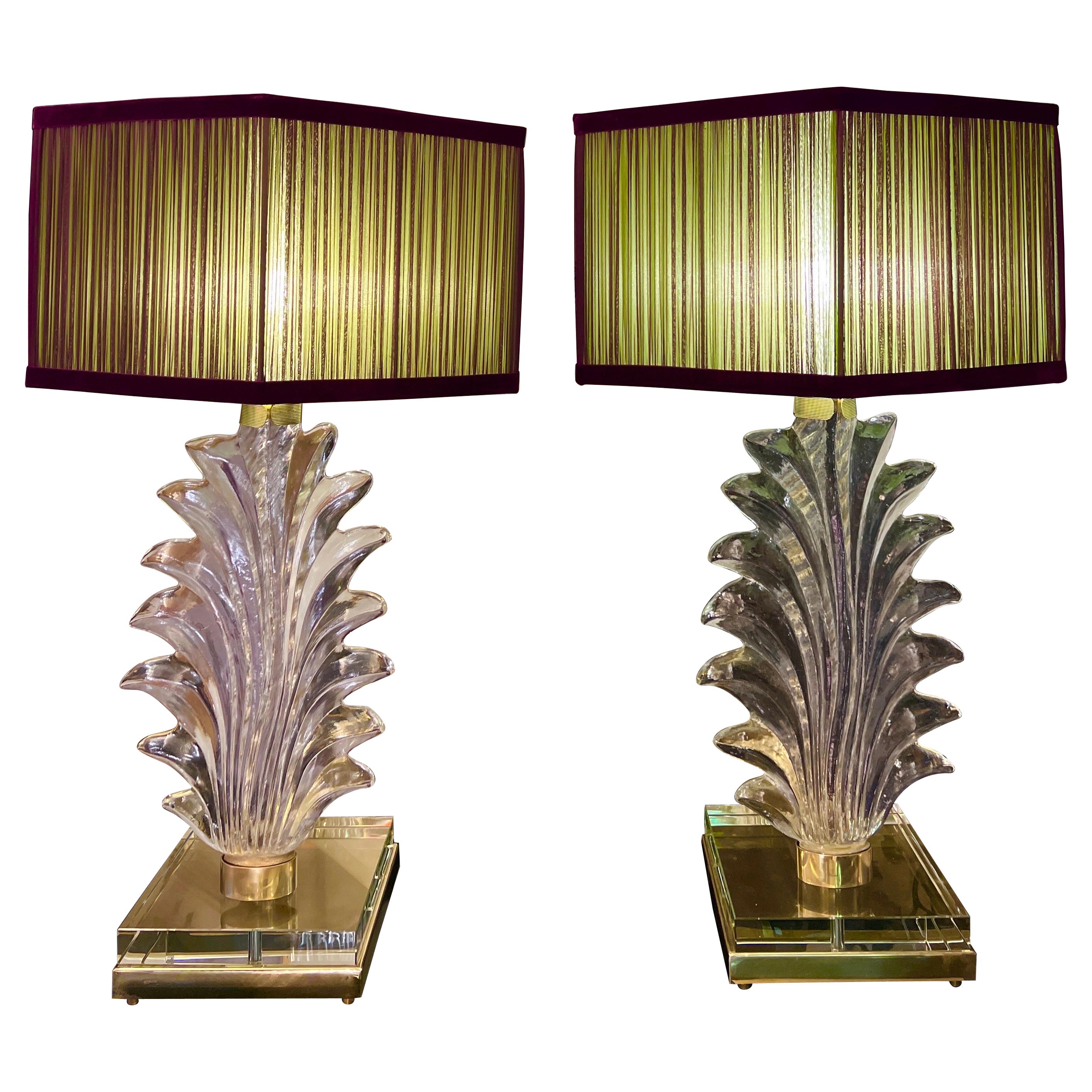 Pair of Murano Clear Glass Leaf Table Lamps with double color lampashades 1980s For Sale