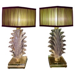 Vintage Pair of Murano Clear Glass Leaf Table Lamps with double color lampashades 1980s