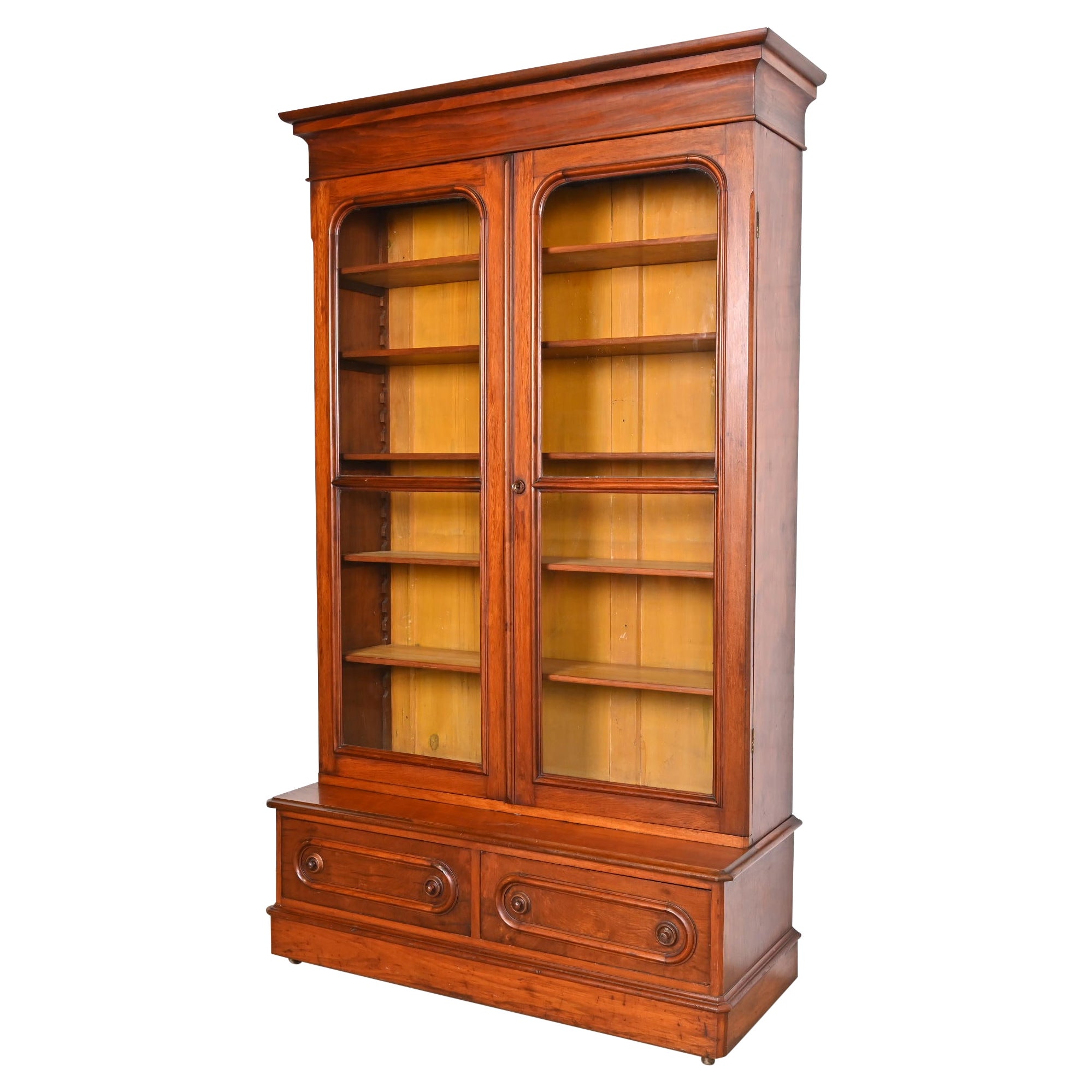 Antique Victorian Carved Walnut Glass Front Bookcase Cabinet, Circa 1880s For Sale