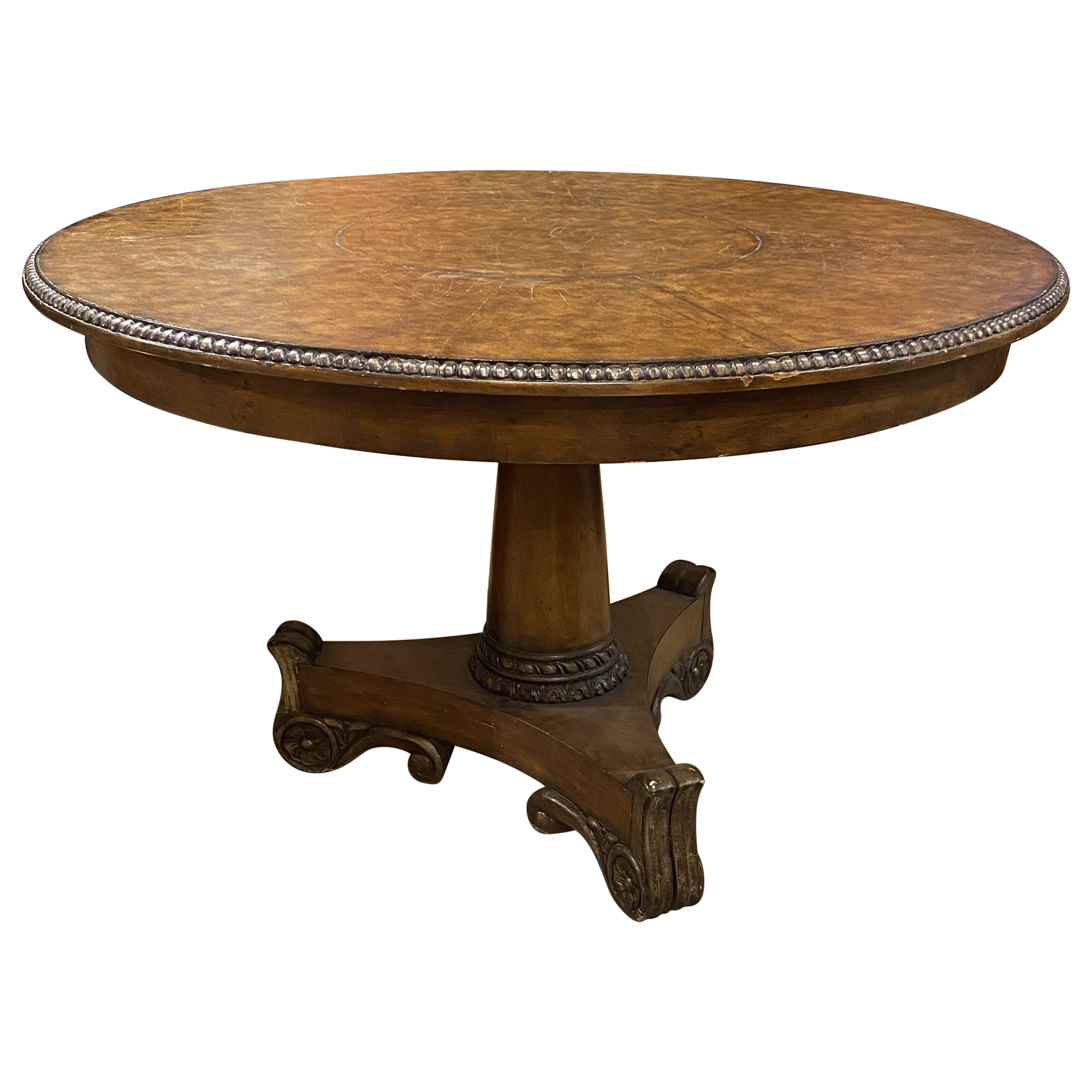 Walnut Round Leather Top Polychromed Center Table in the Classical Form For Sale