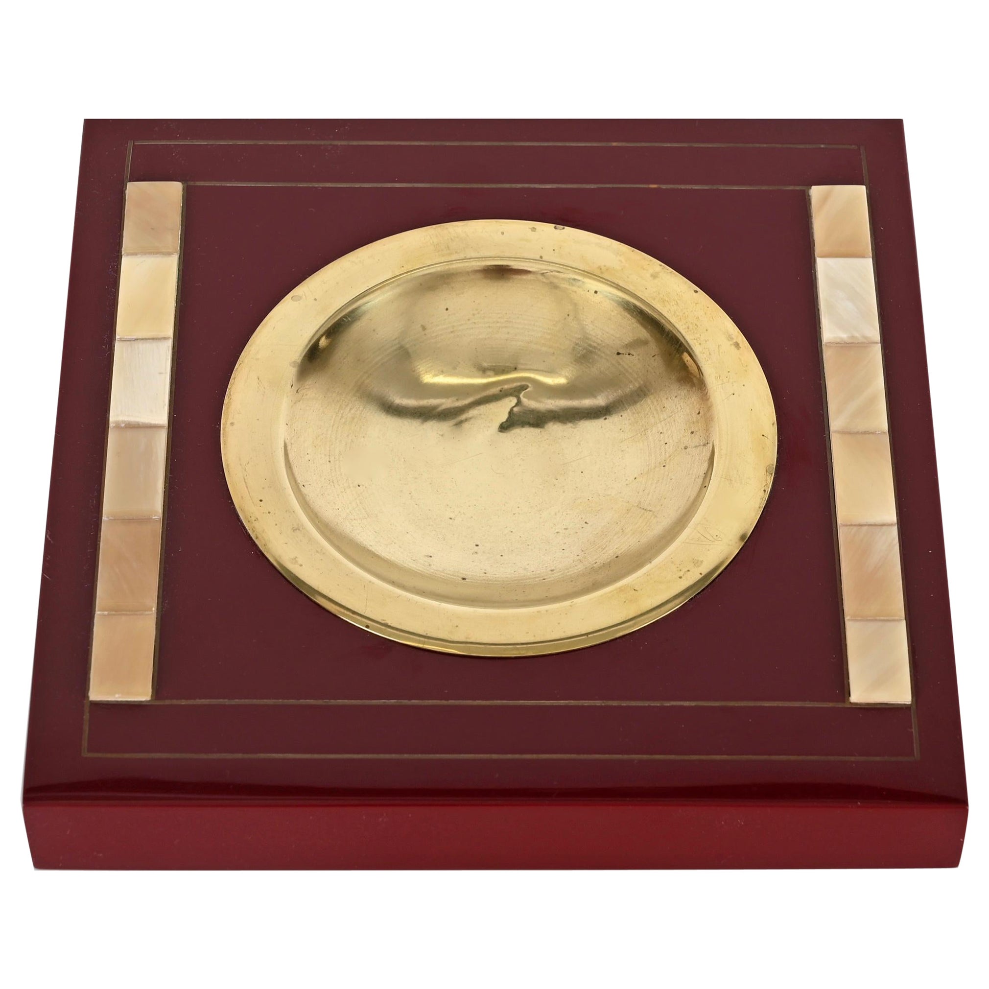 Mid-Century Burgundy Lacquer and Brass Vide-Poche or Ashtray, Italy, Dior 1970s
