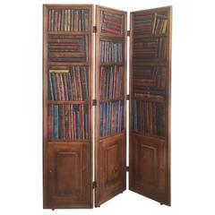 Handsome Mahogany and Leather Book Three-Panel Library Motif Screen