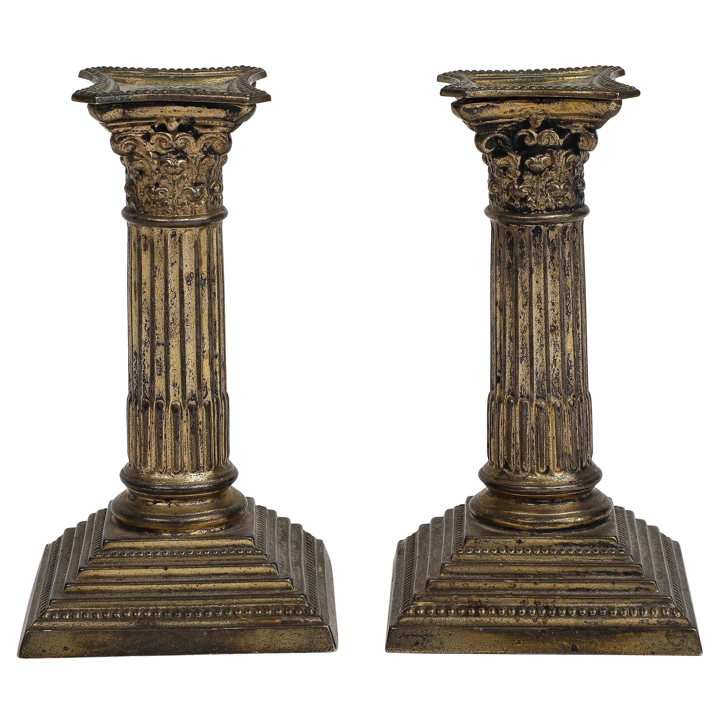 Pair of Midcentury Stone and Brass Column Candlesticks, circa 1950 For Sale