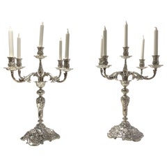 Antique Pair of Tiffany & Co. Sterling Silver 5-Light Monumental Repousse Candelabra