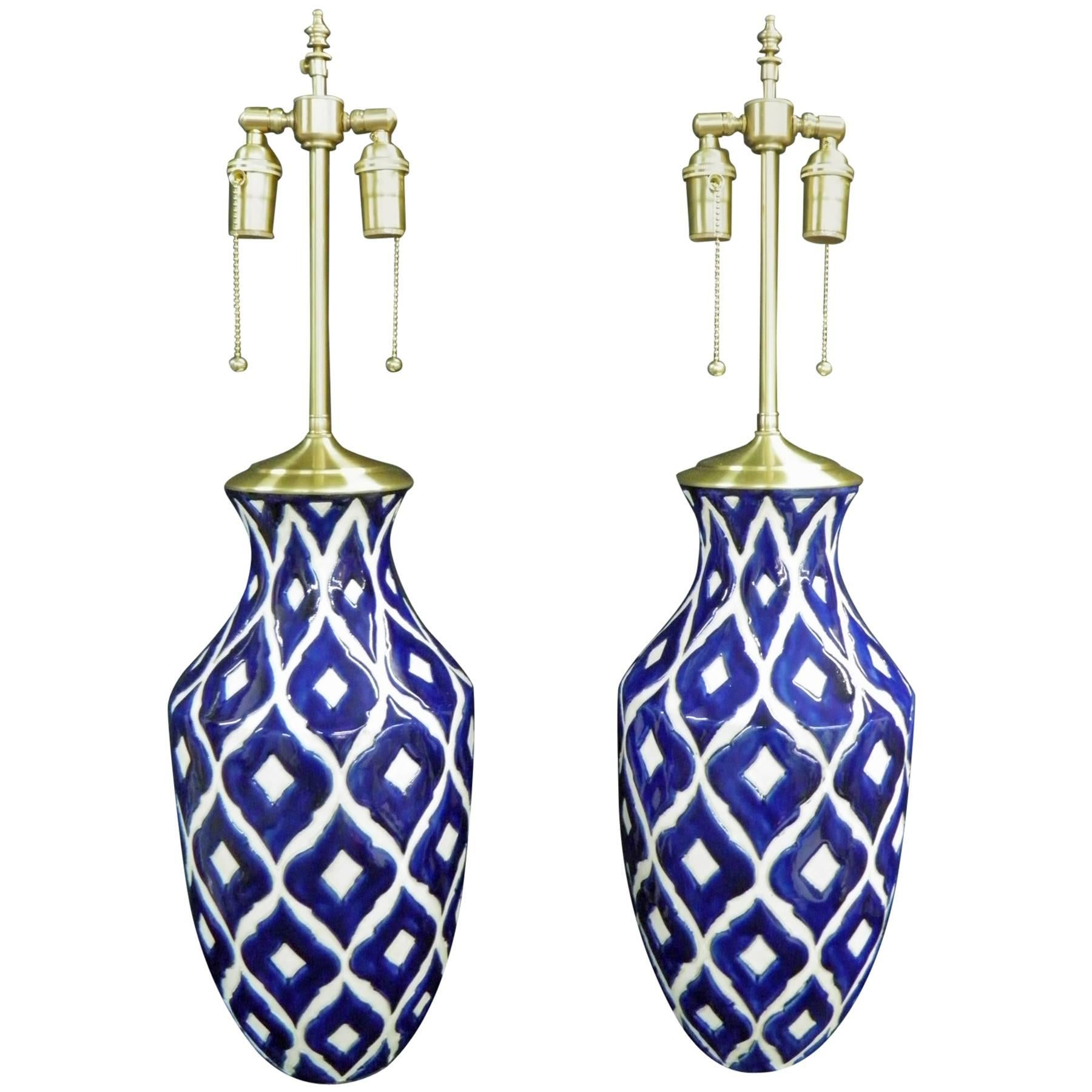 Bold and Beautiful Pair of Cobalt and White Vases with Lamp Application
