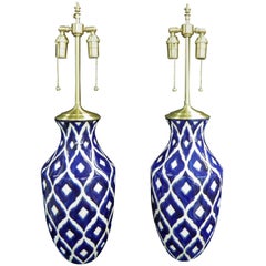 Bold and Beautiful Pair of Cobalt and White Vases with Lamp Application