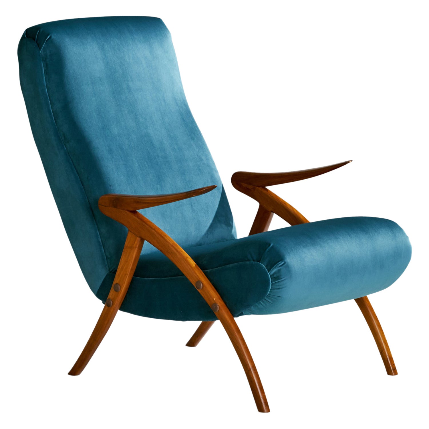 Italian Designer, Lounge Chair, Velvet, Walnut, Italy, 1950s For Sale