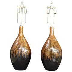 Pair of Unusual Bamboo Reed, Glazed Vessels with Lamp Application Pair of Unusual Bamboo Reed, Glazed Vessels with Lamp Application