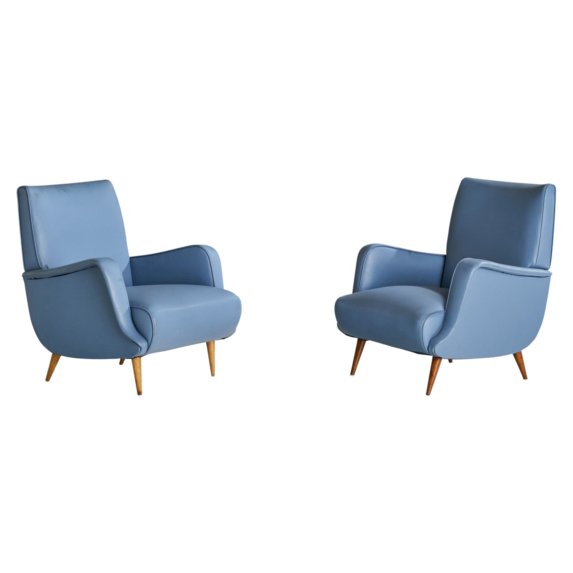 Carlo De Carli, Lounge Chairs, Vinyl, Wood, Italy, 1960s For Sale