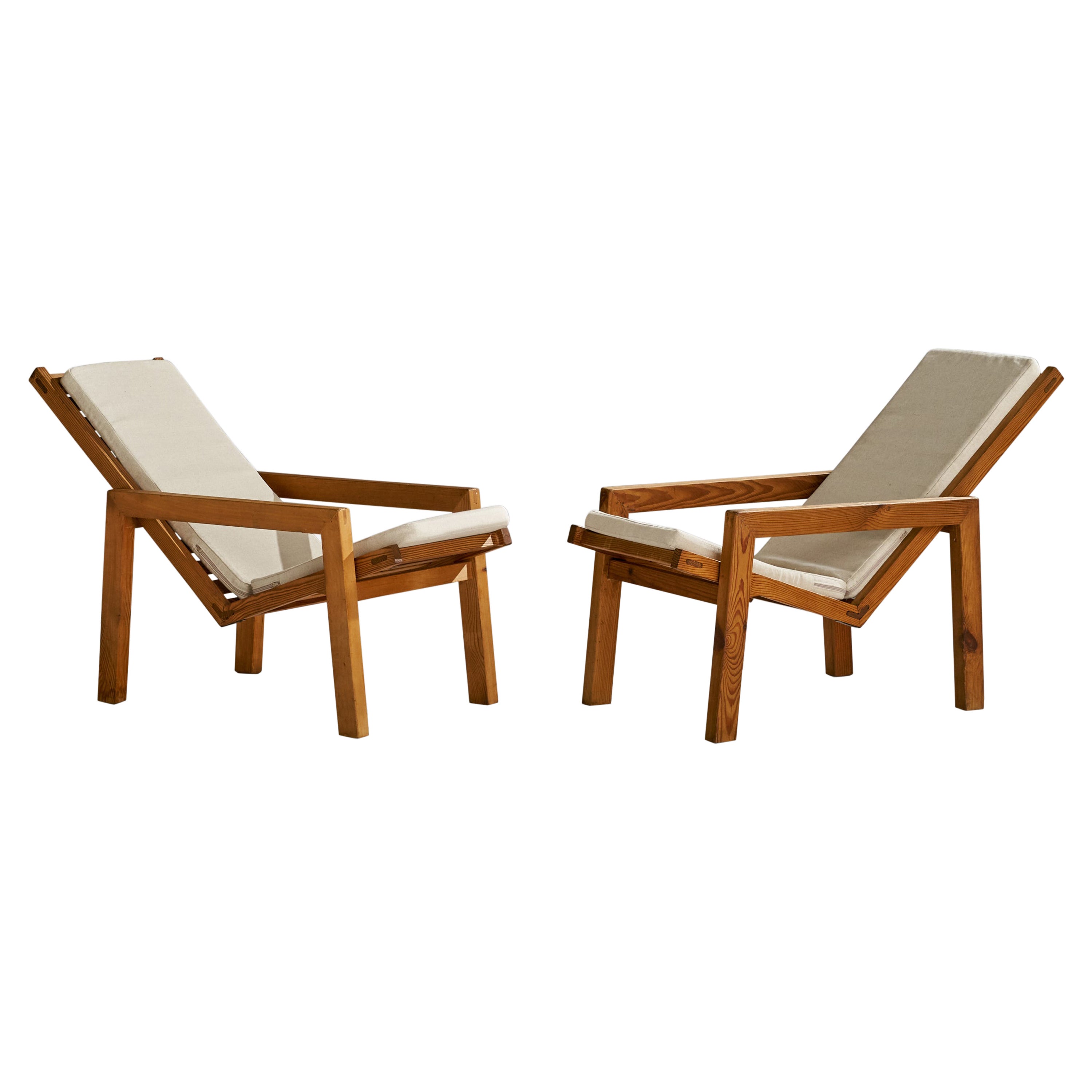 Italian Designer, Lounge Chairs, Pine, Fabric, Italy, 1970s For Sale