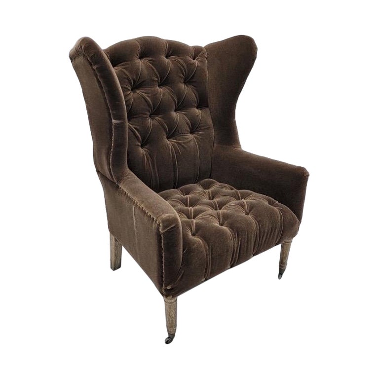 Vintage French Country Button Tufted Wingback Chair Newly Upholstered in Mohair  For Sale